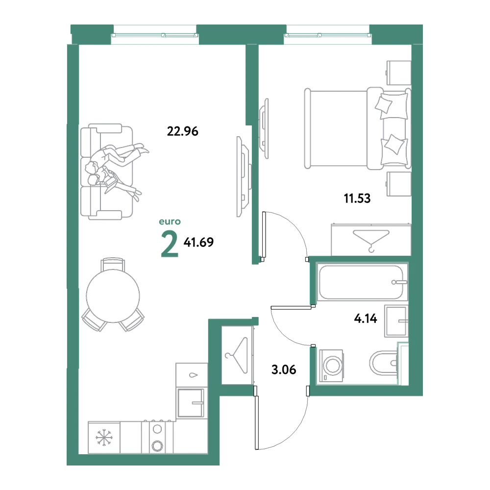 Планировка: Евродвушка 41,69 м²