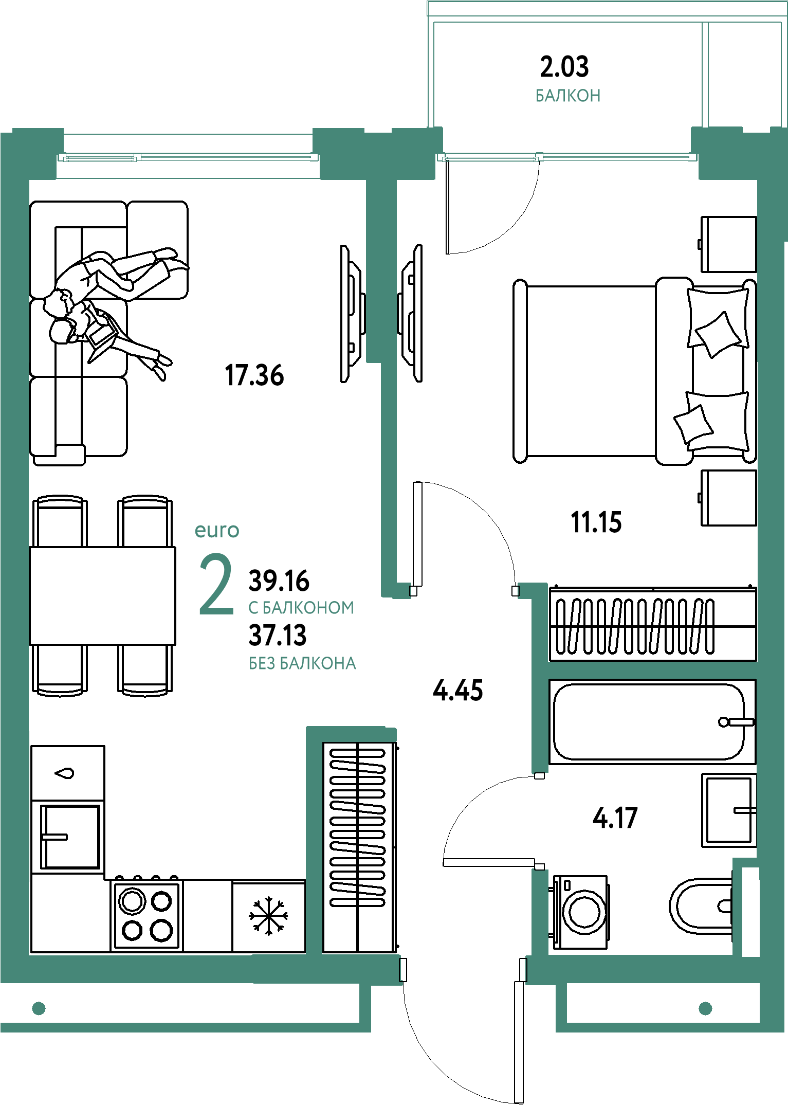 Планировка: Евродвушка 39,16 м² в ЖК «Страна.Прибрежная»