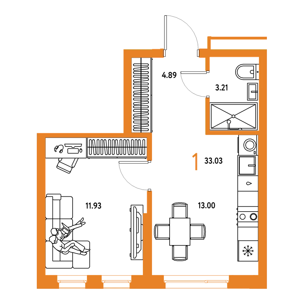 Планировка: 1-комнатная 33,03 м²