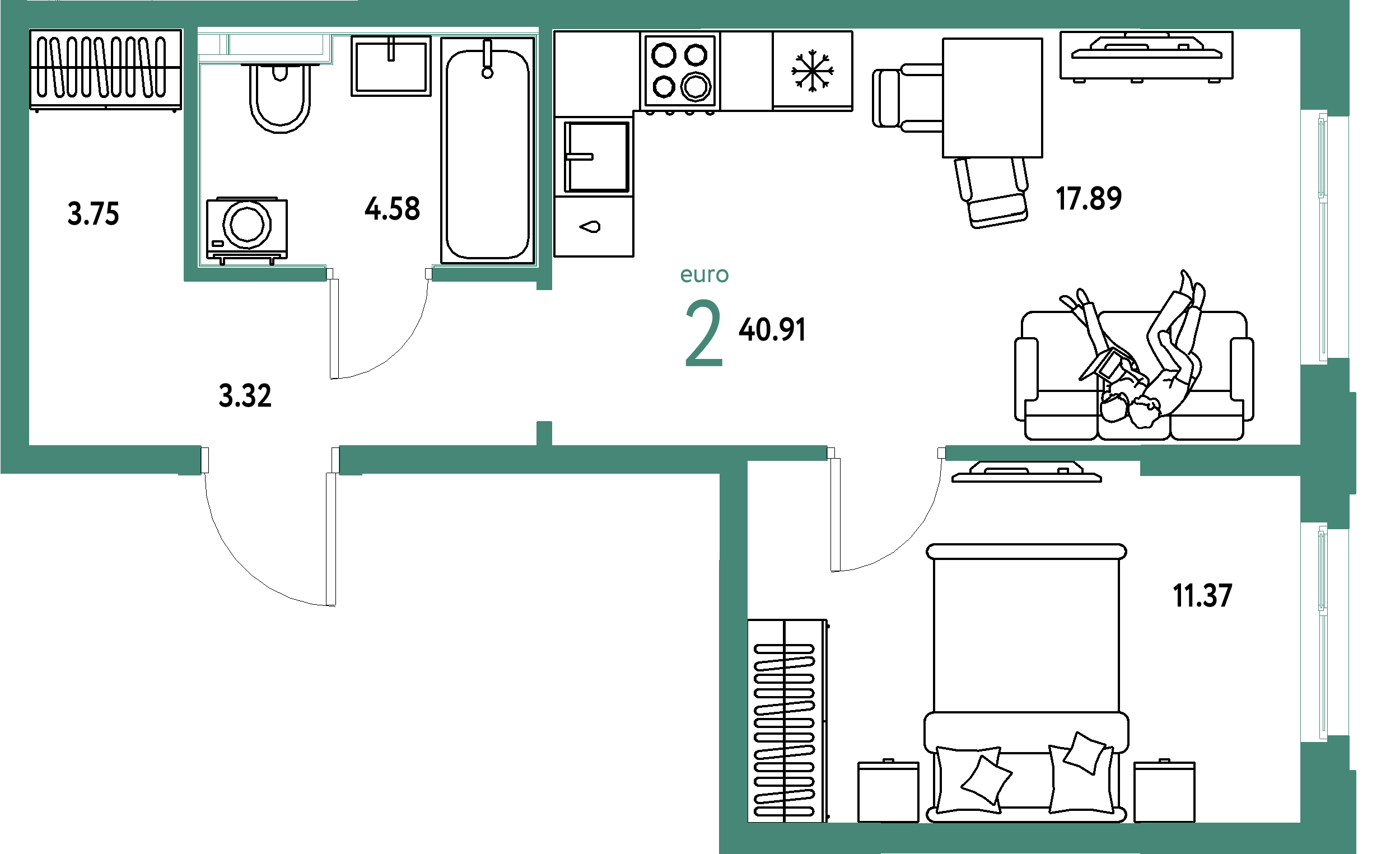 Планировка: Евродвушка 40,91 м² в ЖК «Сердце Сибири»