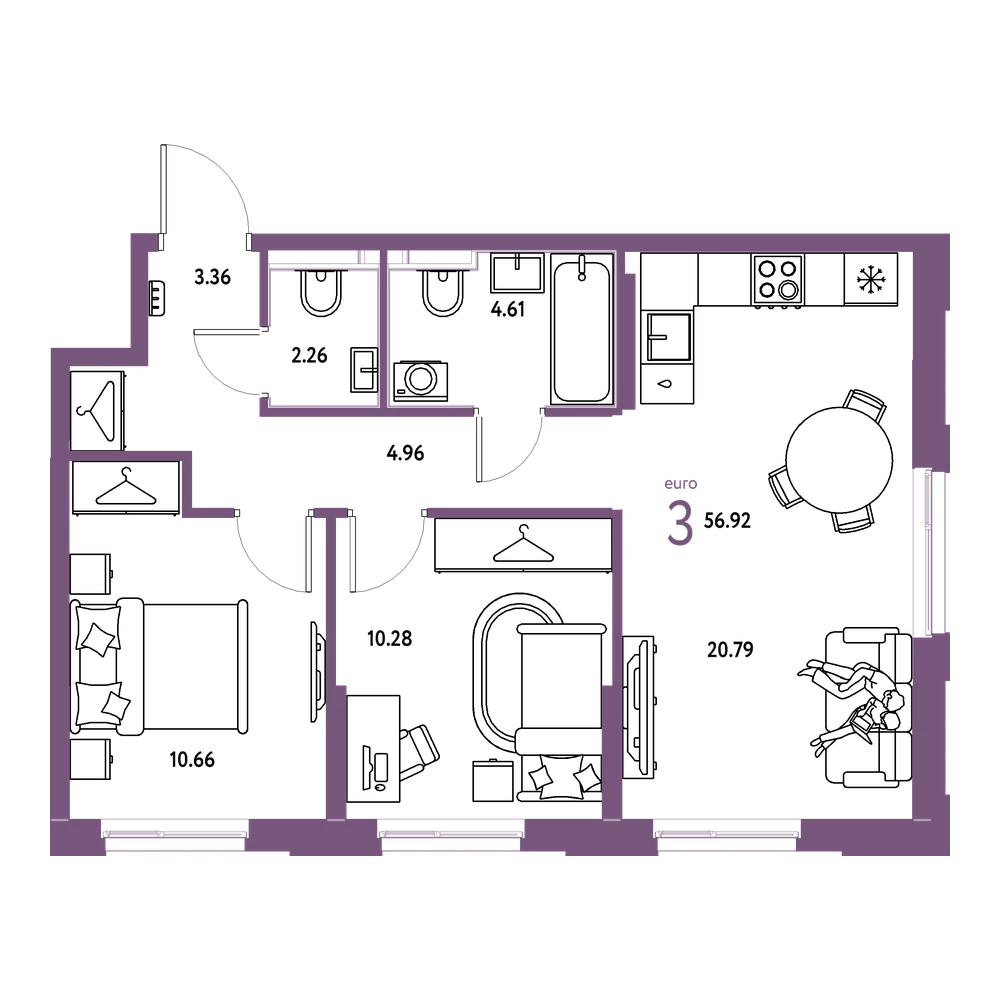 Планировка: Евротрёшка 56,92 м²