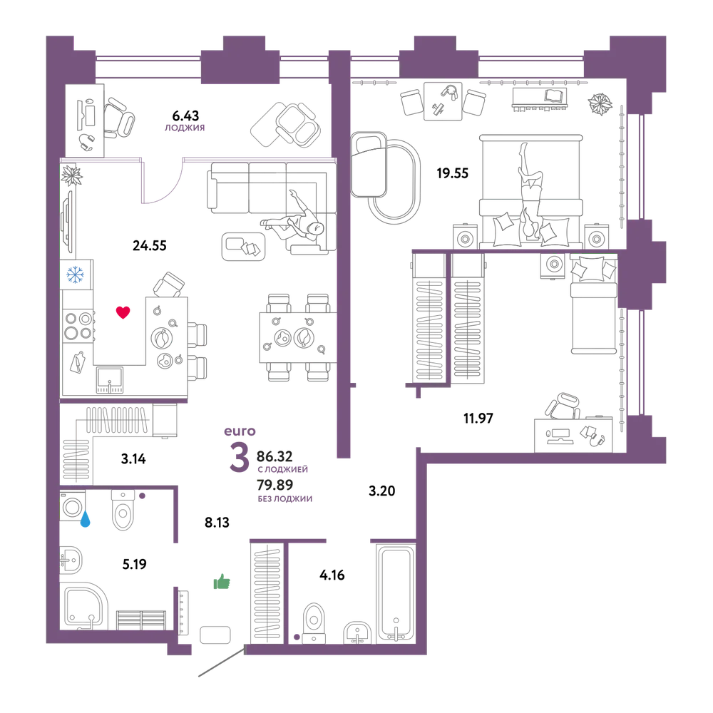 Планировка: Евротрёшка 86,32 м²