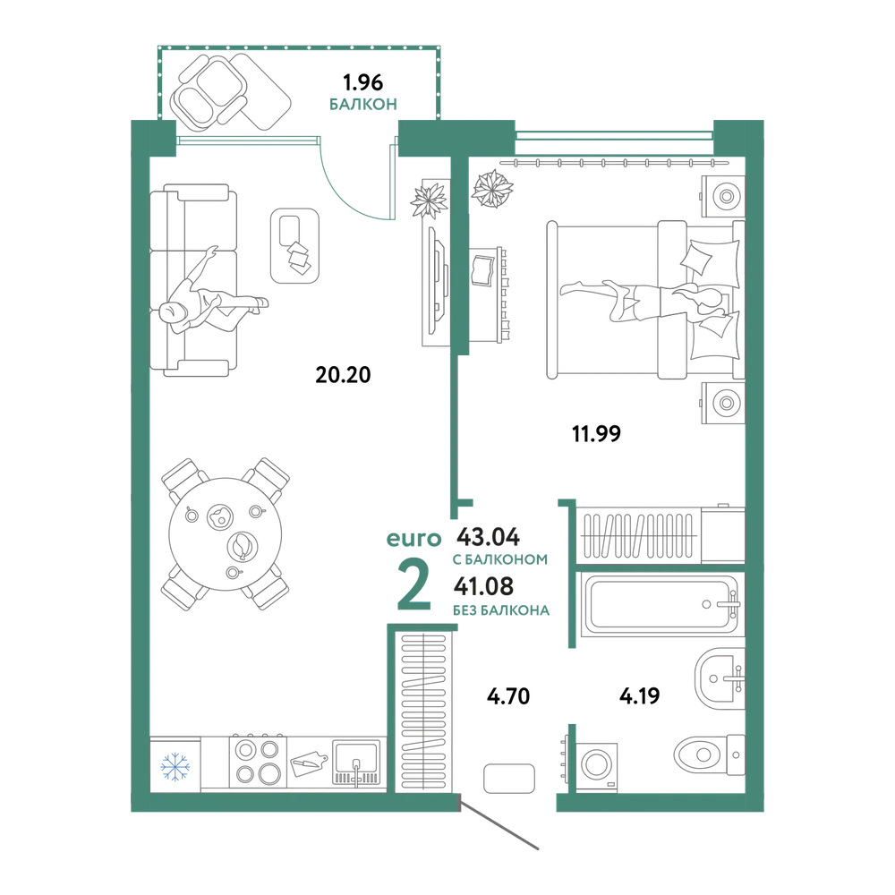Планировка: Евродвушка 43,18 м²