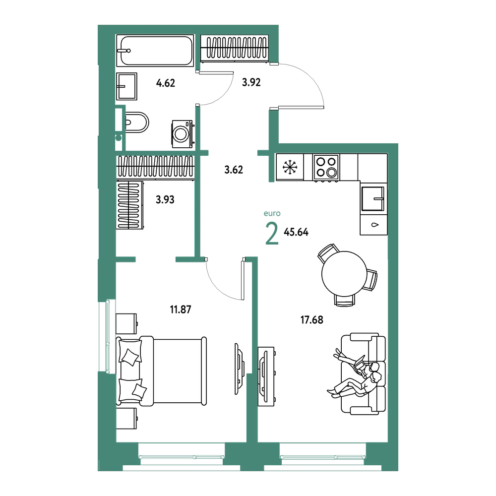 Планировка: Евродвушка 45,64 м²