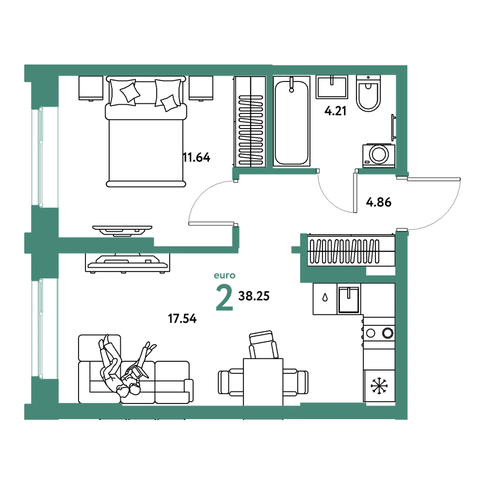 Планировка: Евродвушка 38,25 м²