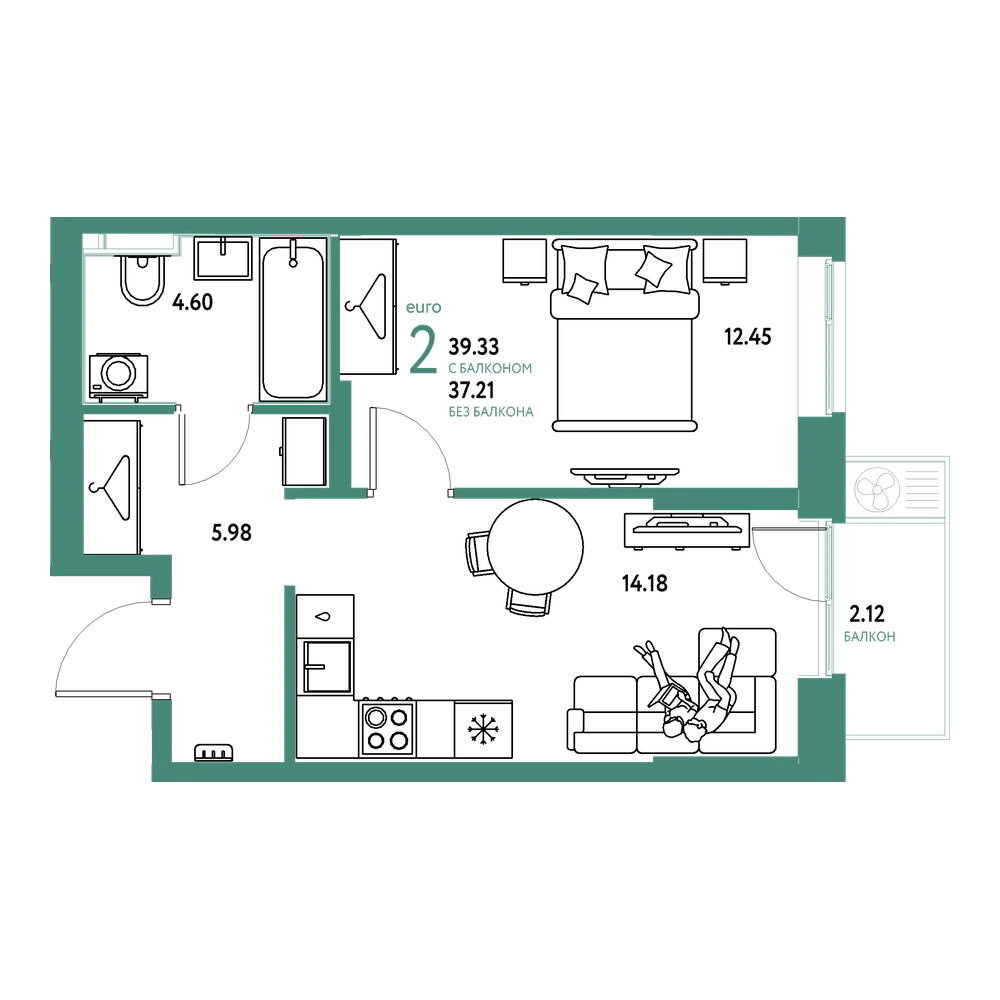 Планировка: Евродвушка 39,34 м²