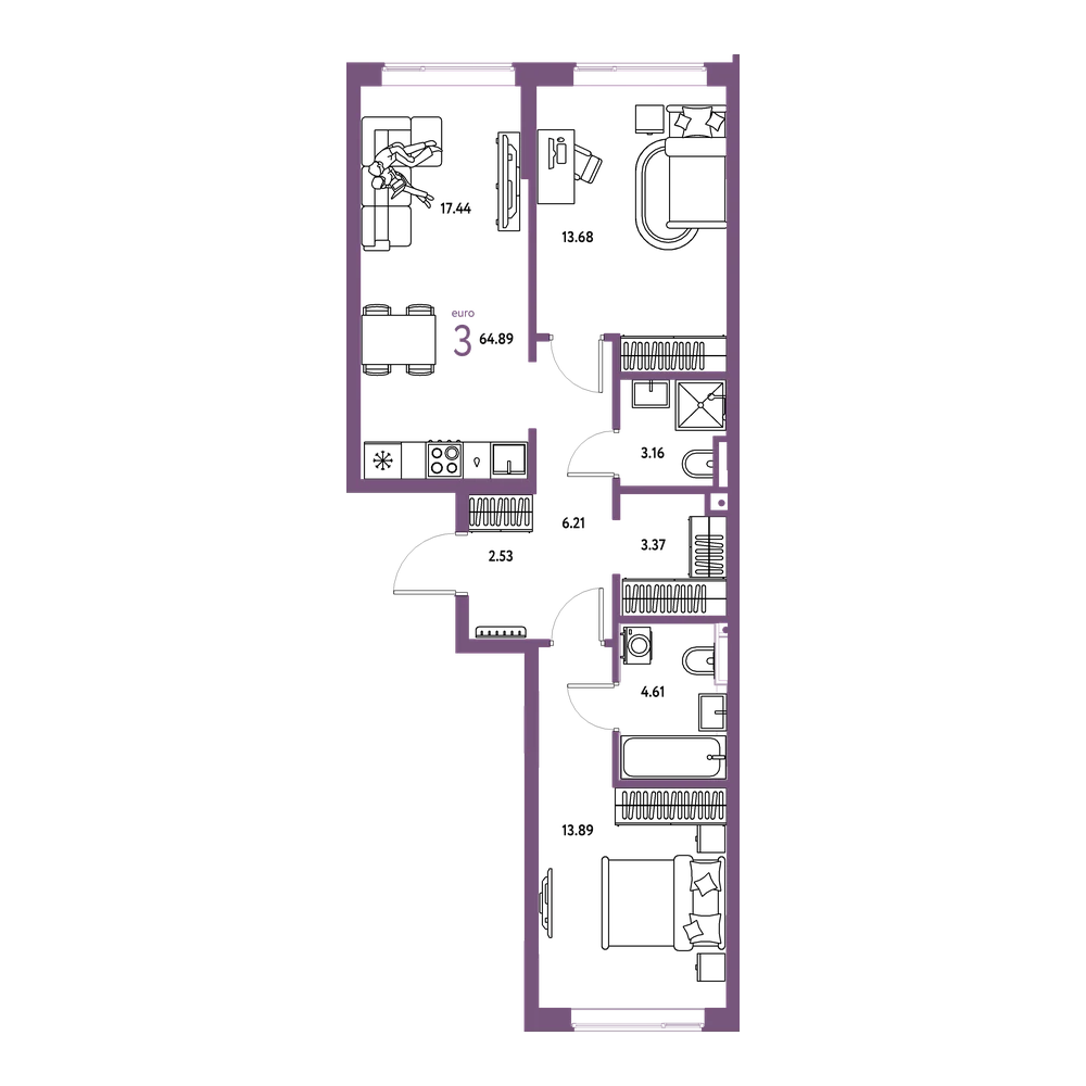 Планировка: Евротрёшка 64,9 м²