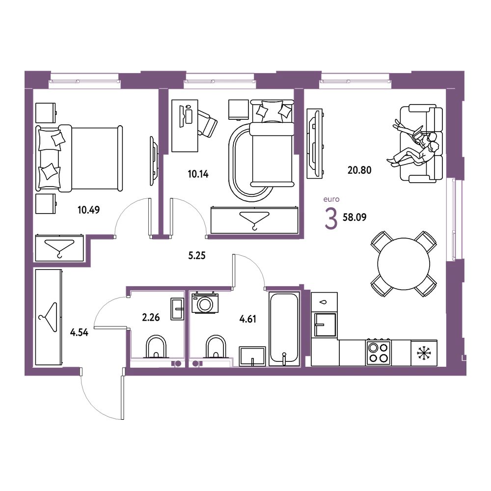 Планировка: Евротрёшка 58,09 м²