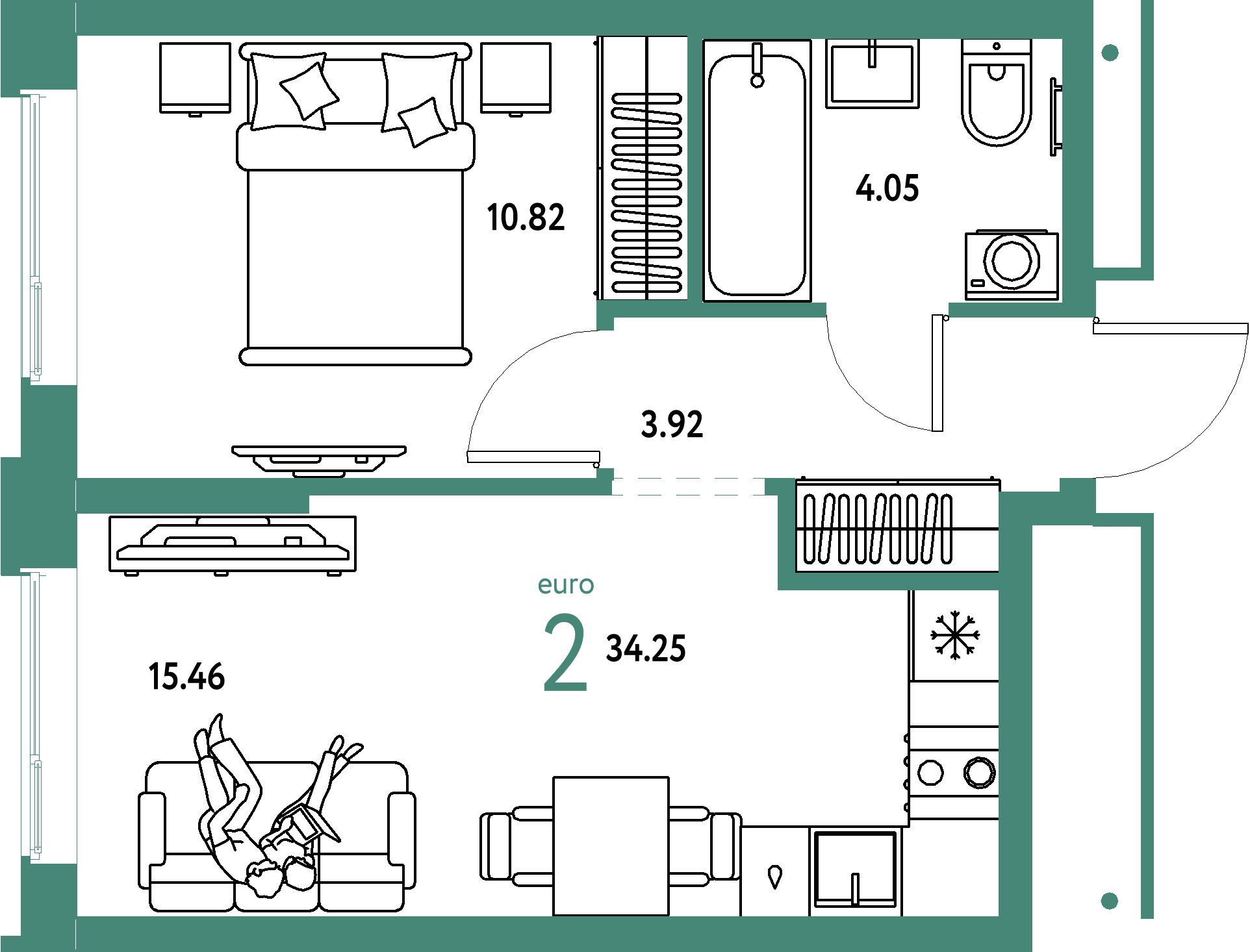 Планировка: Евродвушка 34,25 м² в ЖК «Домашний»