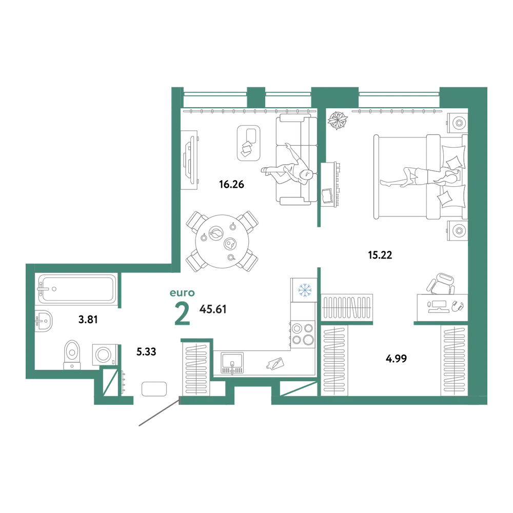 Планировка: Евродвушка 45,61 м²