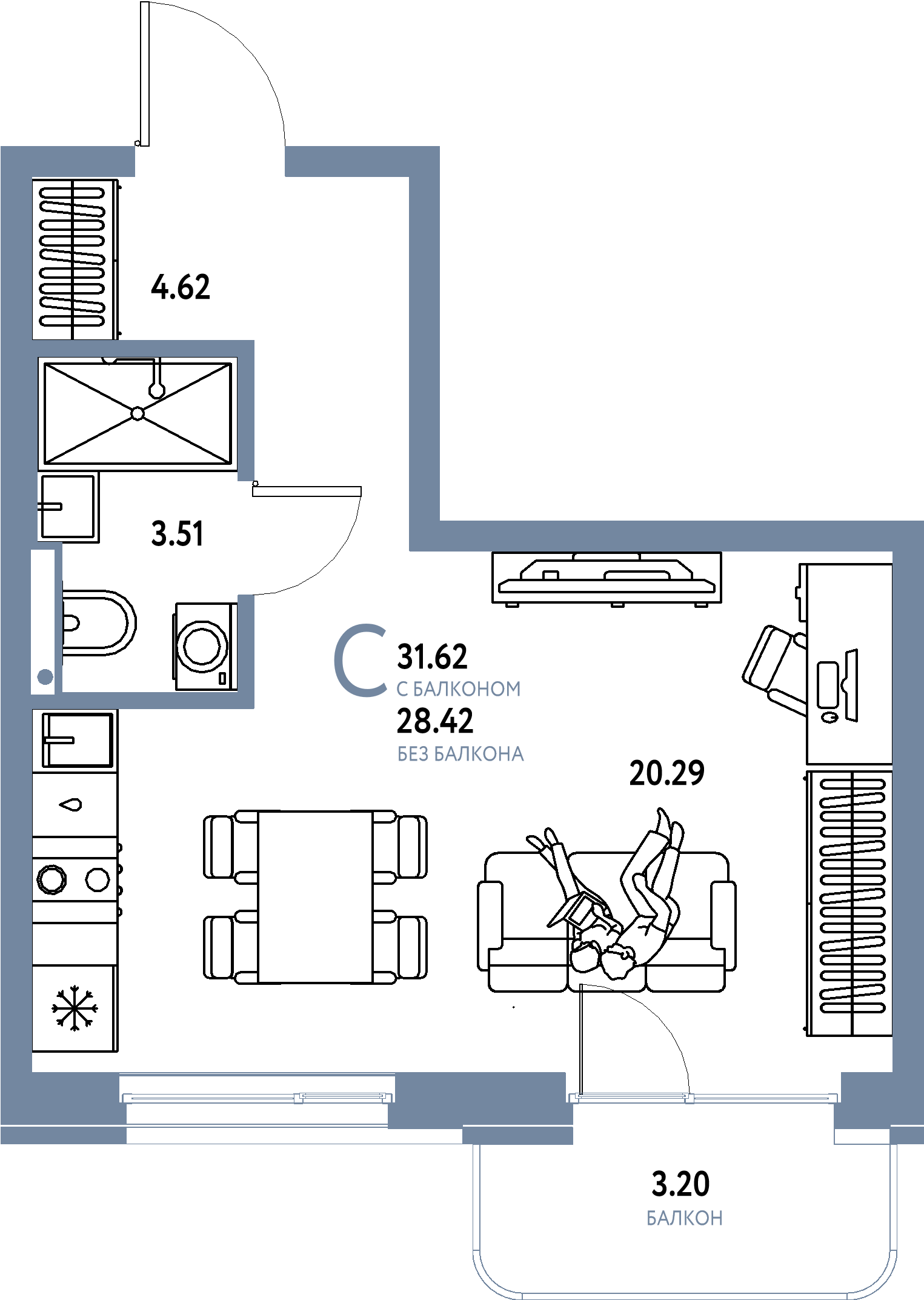 Планировка: Студия 31,62 м² в ЖК «Домашний»