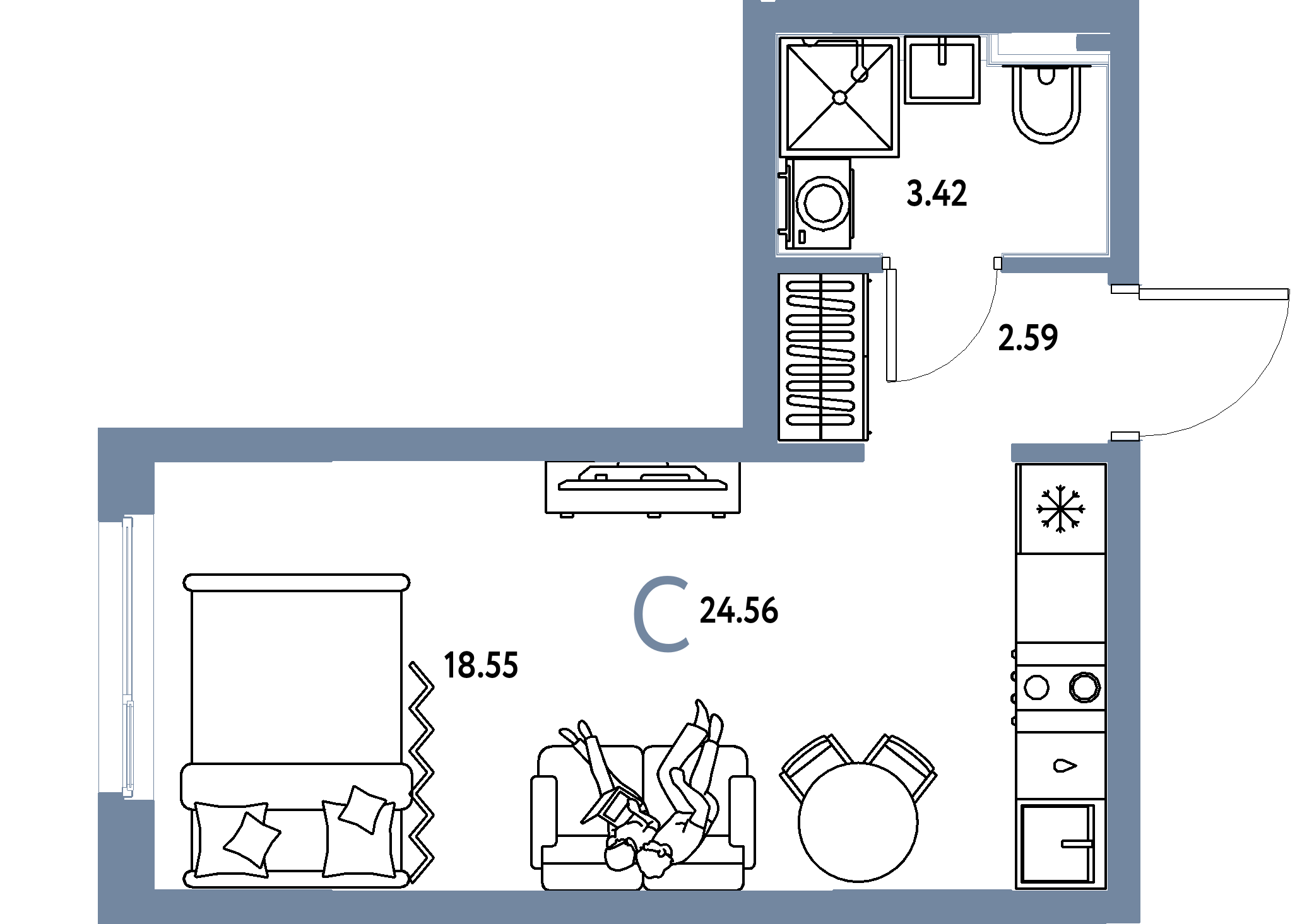 Планировка: Студия 24,56 м² в ЖК «Сердце Сибири»