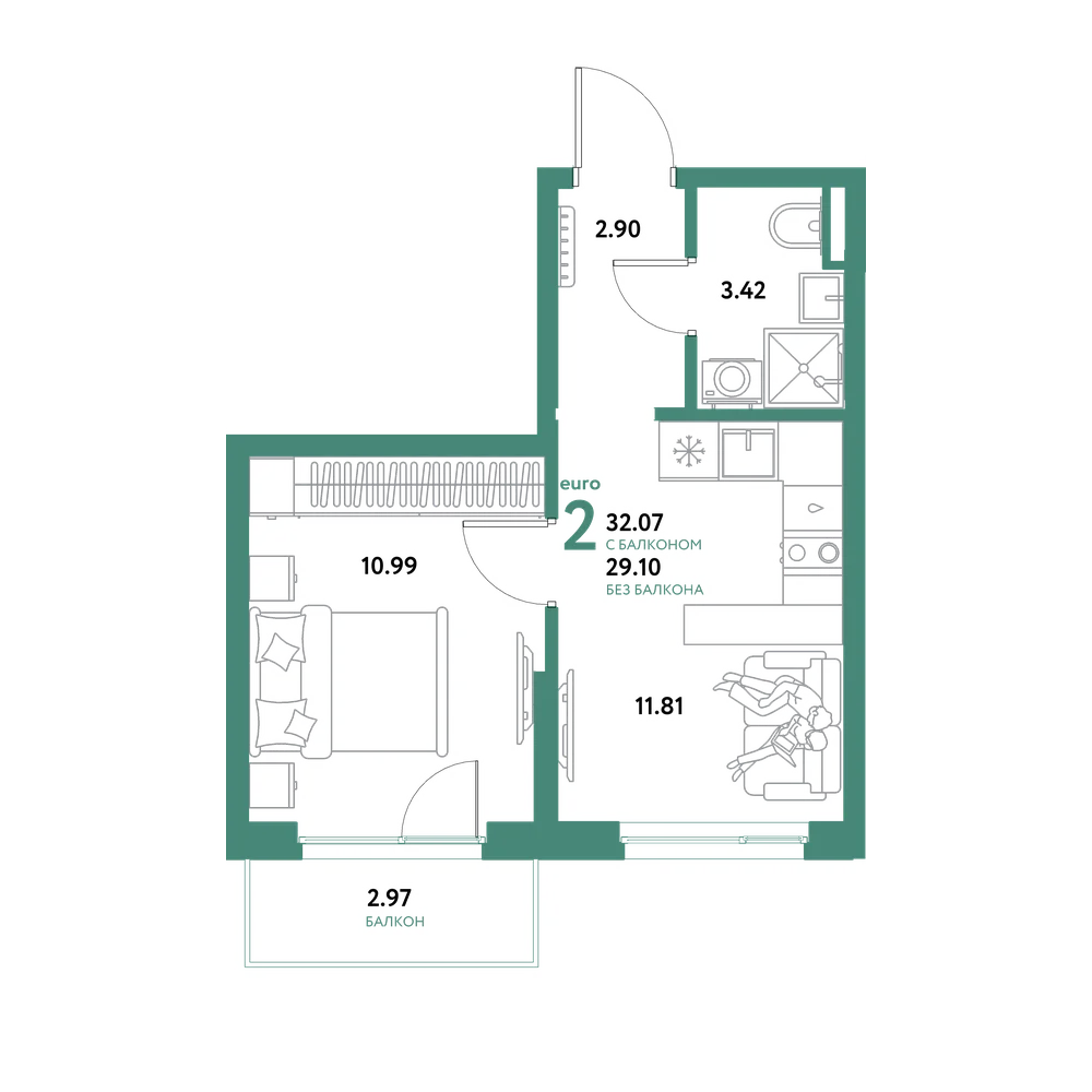 Планировка: Евродвушка 32,07 м²
