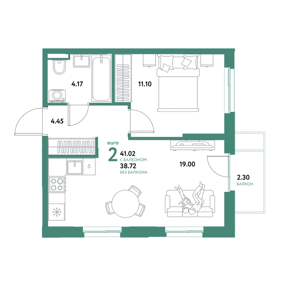 Планировка: Евродвушка 41,02 м²