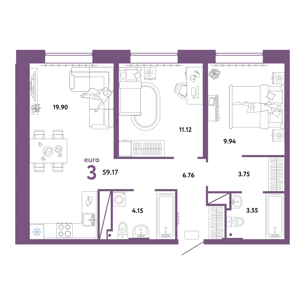 Планировка: Евротрёшка 59,17 м²