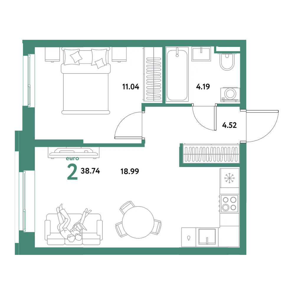 Планировка: Евродвушка 38,74 м²
