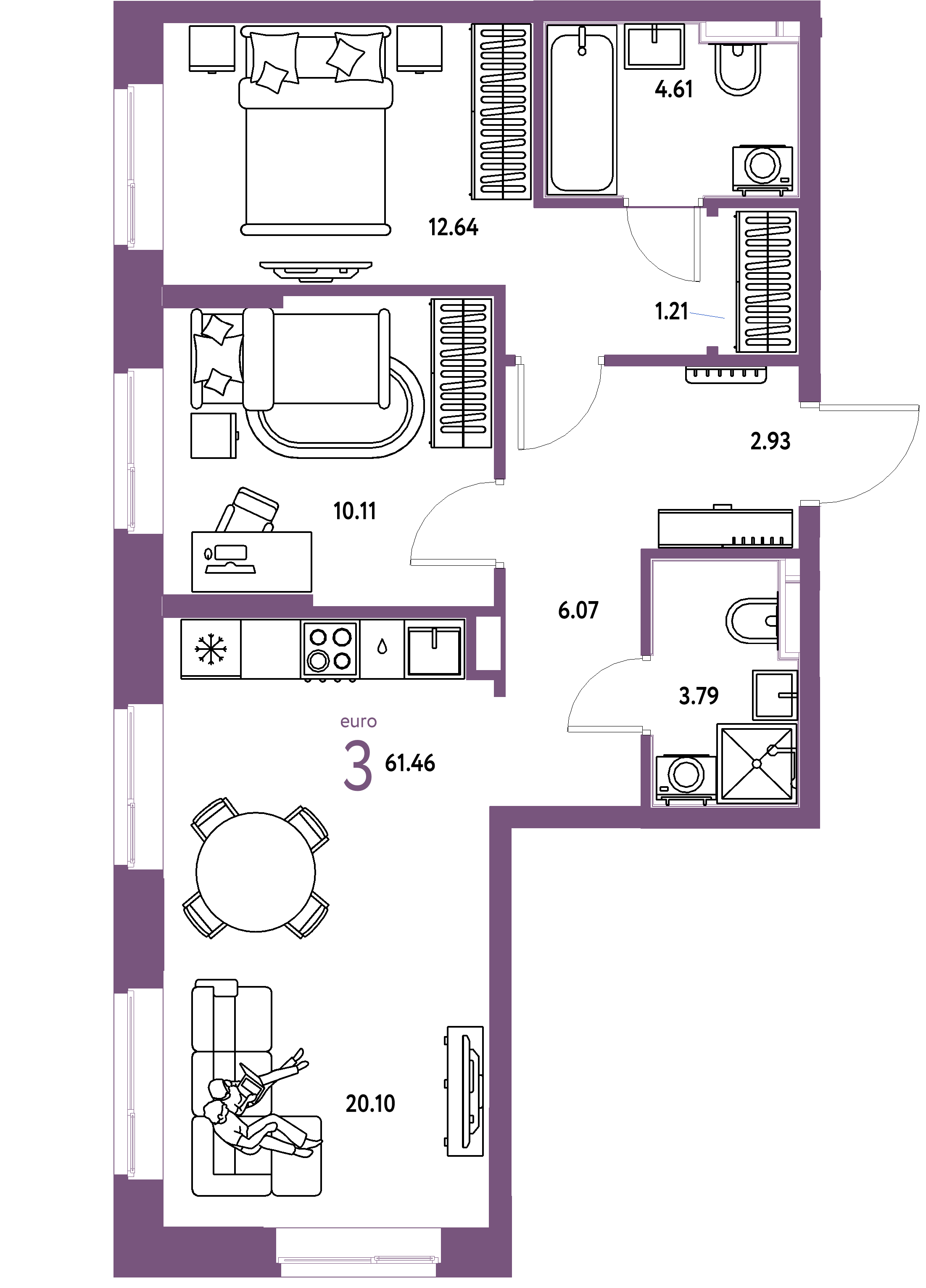 Планировка: Евротрёшка 61,46 м² в ЖК «Домашний»