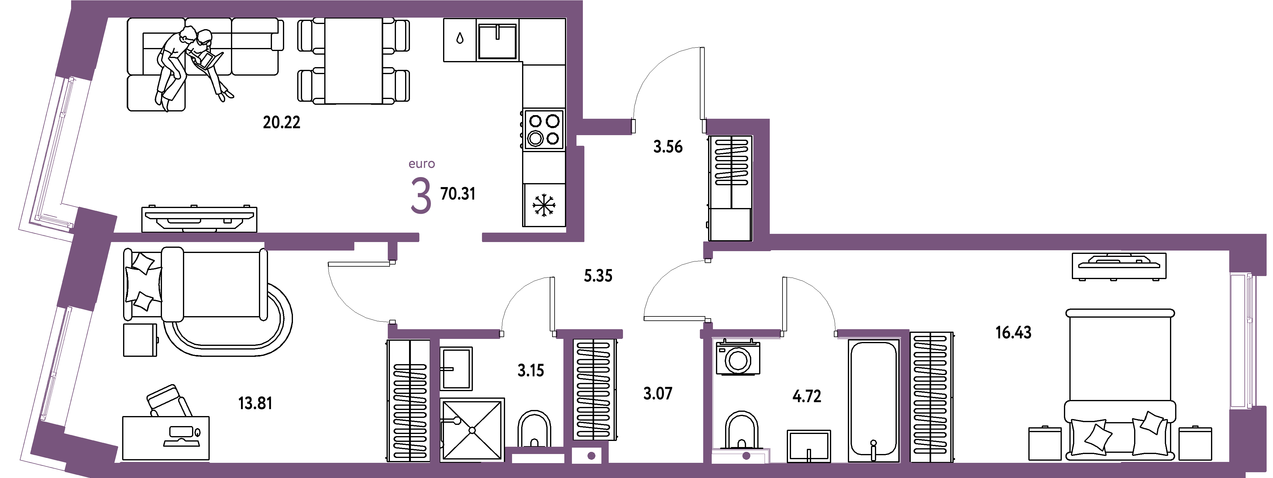 Планировка: Евротрёшка 70,31 м² в ЖК «Остров-сад»
