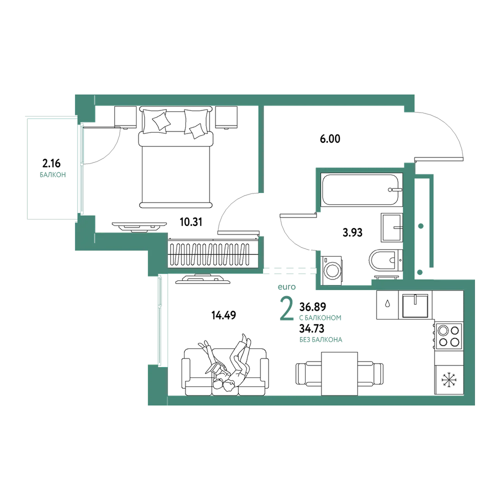 Планировка: Евродвушка 36,89 м²
