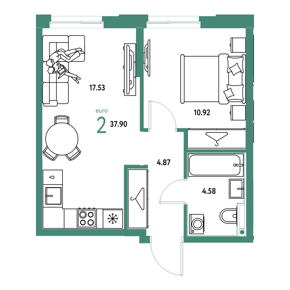 Планировка: Евродвушка 37,9 м²