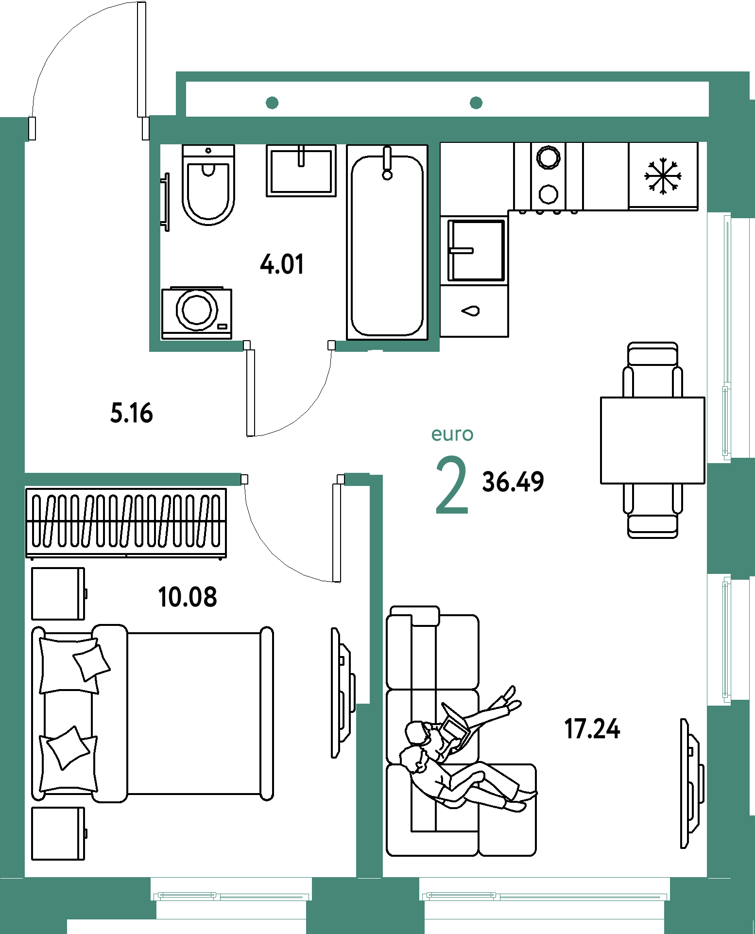 Планировка: Евродвушка 36,49 м² в ЖК «Домашний»