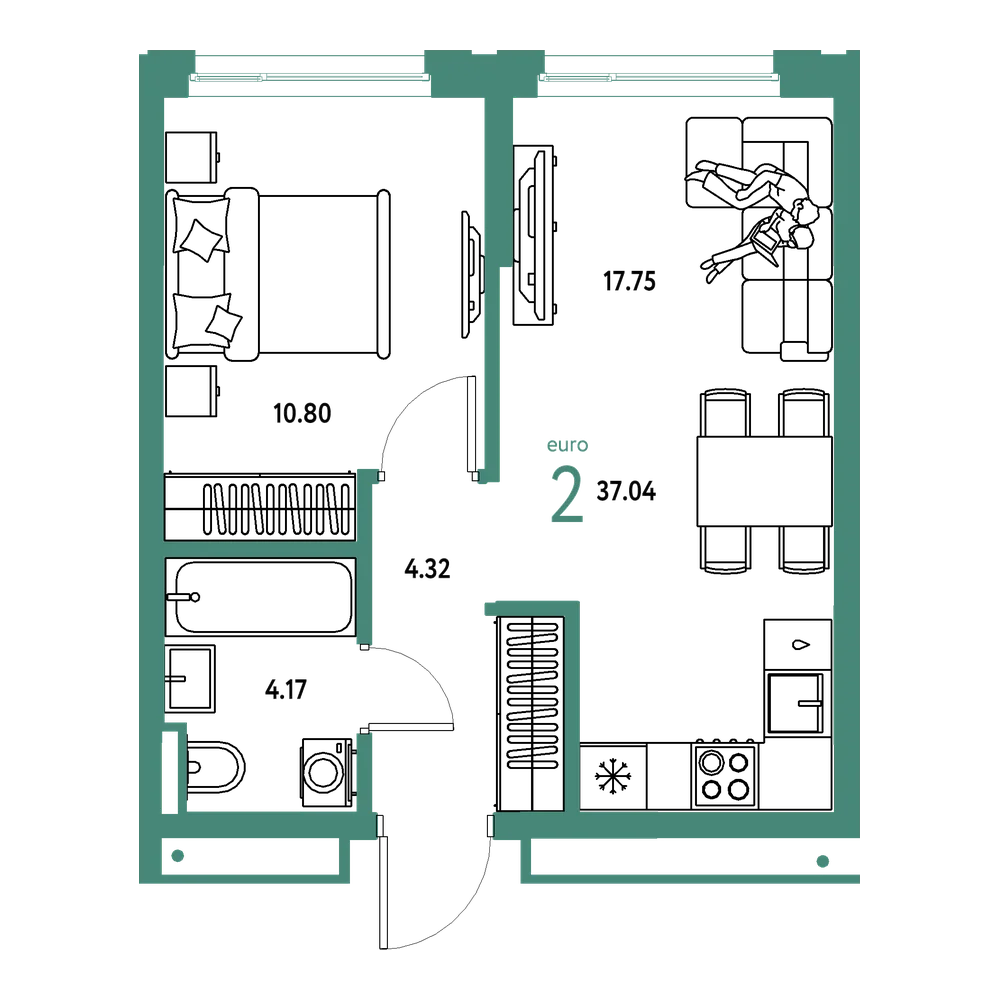 Планировка: Евродвушка 37,04 м²