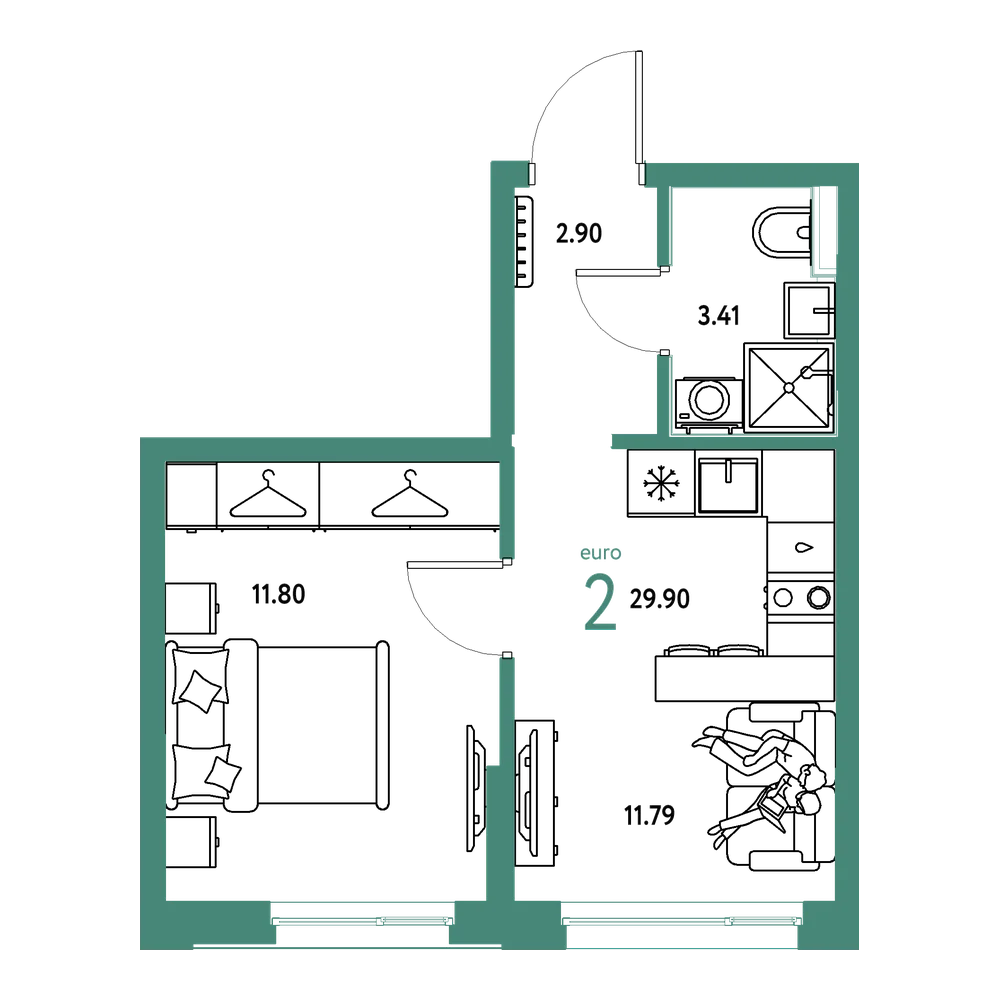 Планировка: Евродвушка 29,9 м²