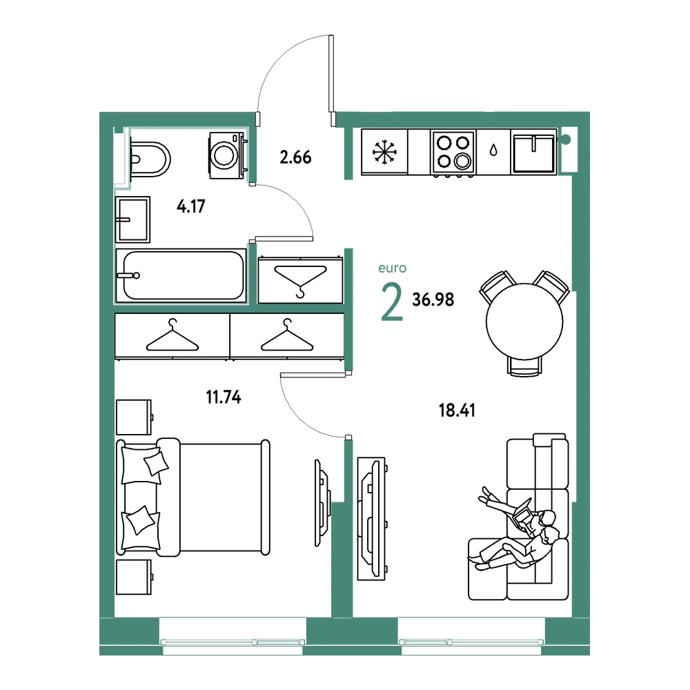 Планировка: Евродвушка 36,98 м²