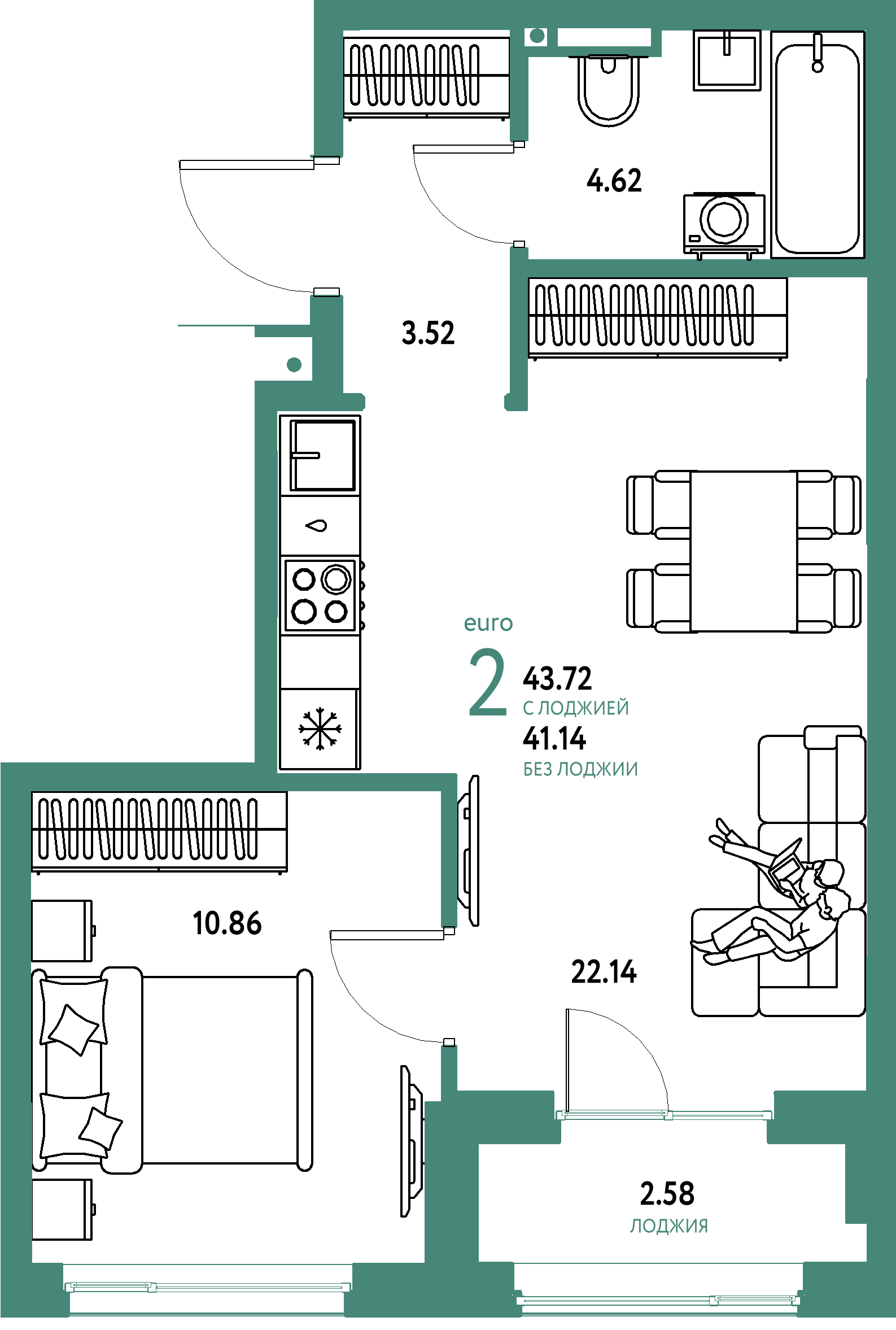 Планировка: Евродвушка 43,72 м² в ЖК «Страна.Прибрежная»
