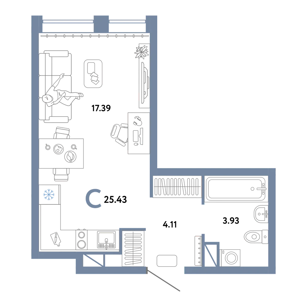 Планировка: Студия 25,43 м²