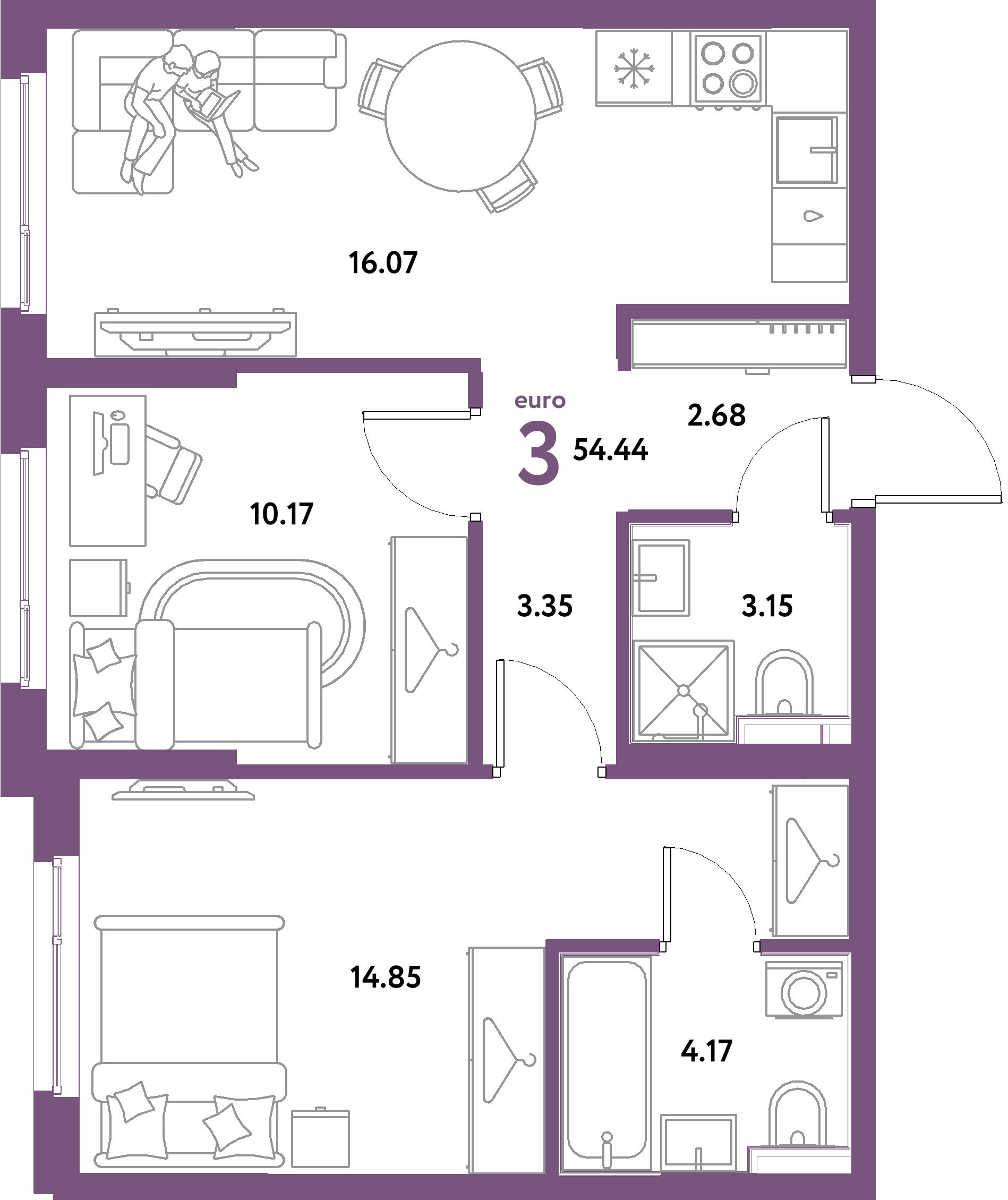Планировка: Евротрёшка 54,44 м² в ЖК «Остров-сад»