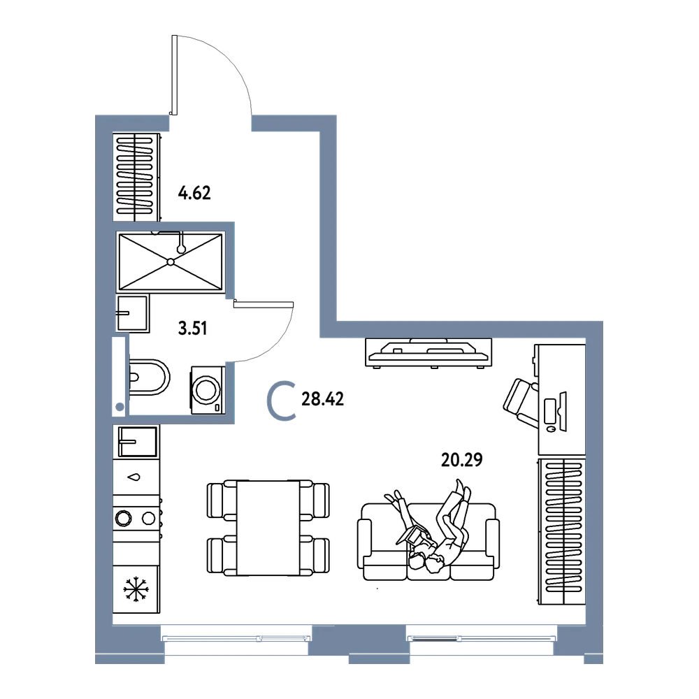 Планировка: Студия 28,42 м²
