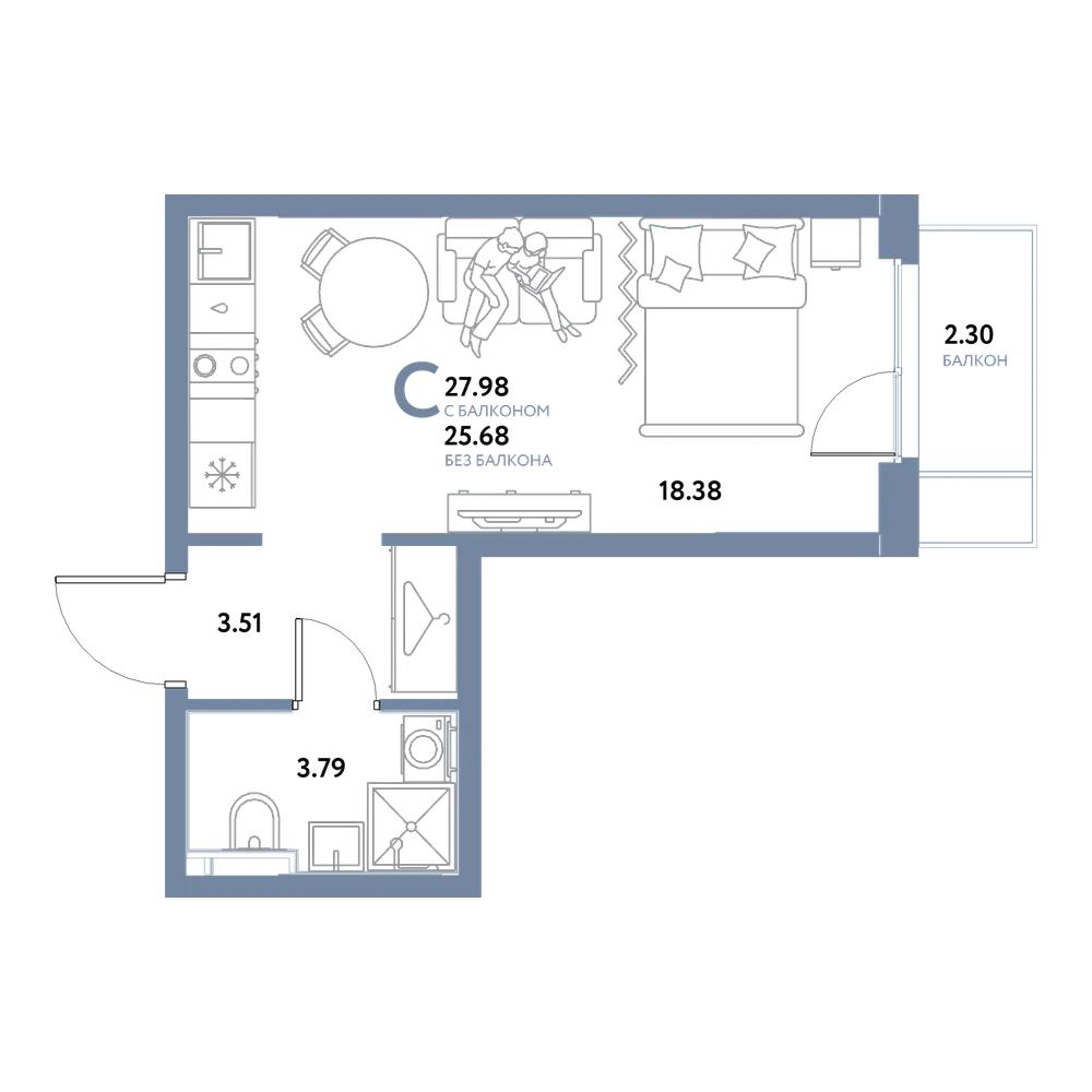 Планировка: Студия 27,98 м²