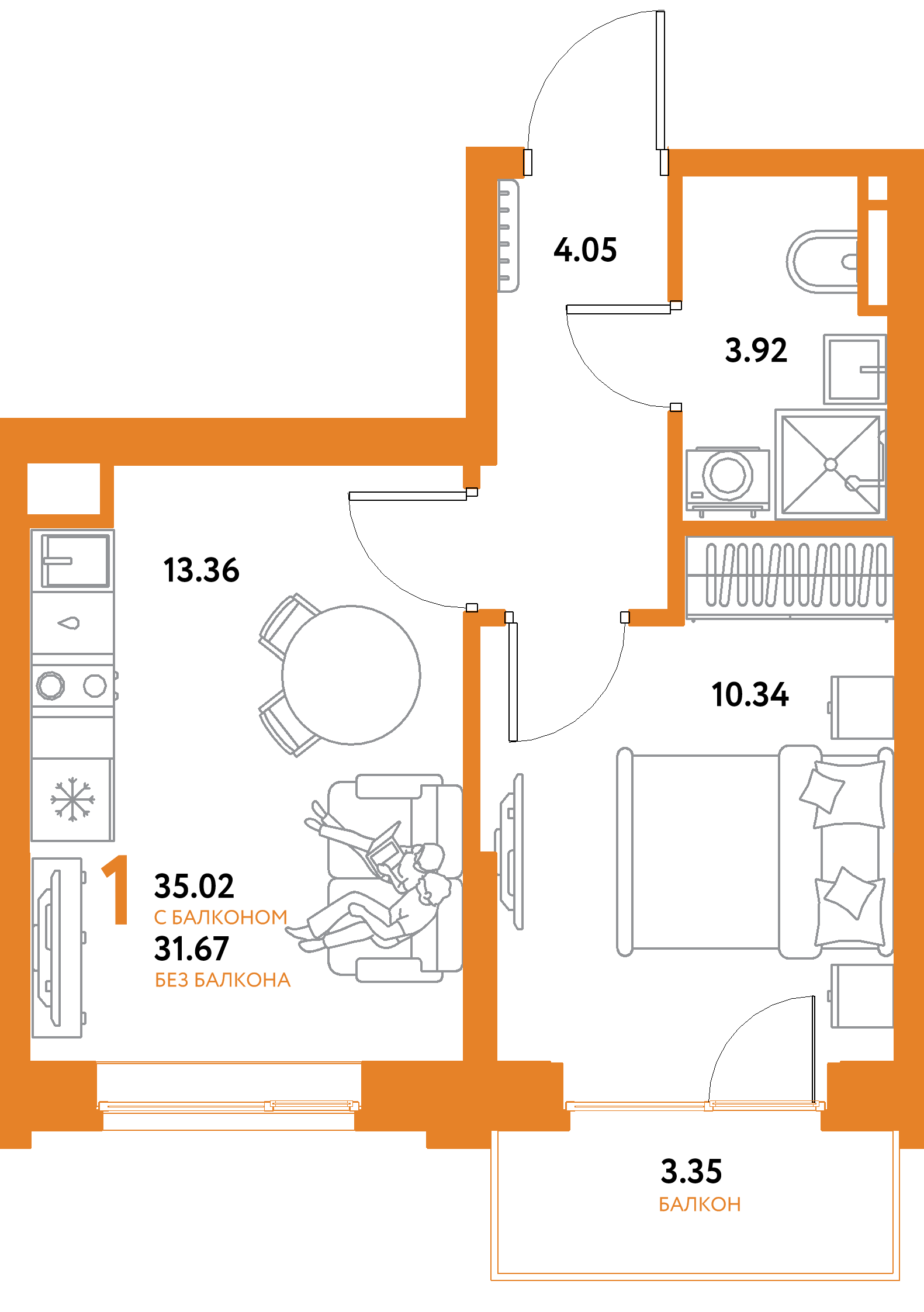 Планировка: 1-комнатная 35,02 м² в ЖК «Остров-сад»