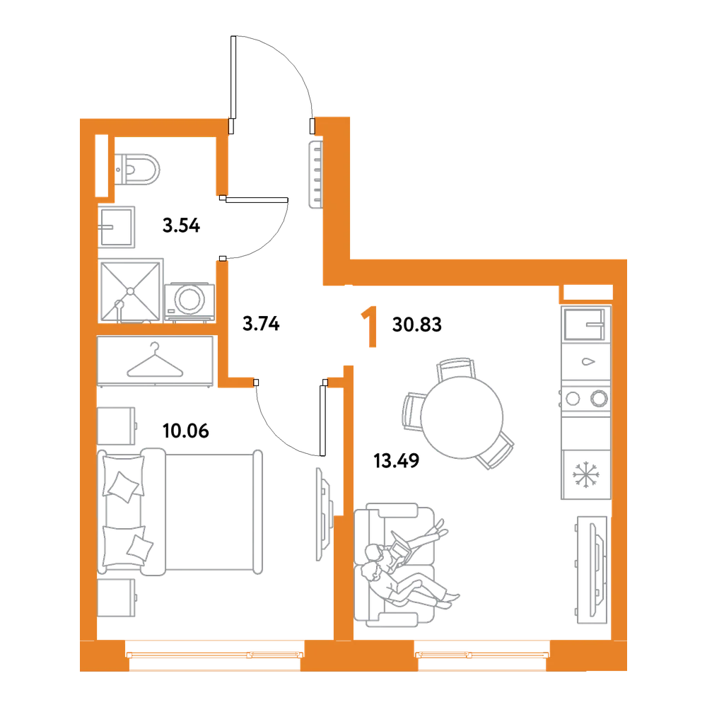 Планировка: 1-комнатная 30,83 м²