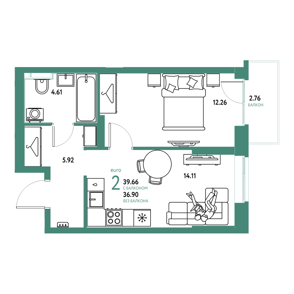 Планировка: Евродвушка 39,66 м²