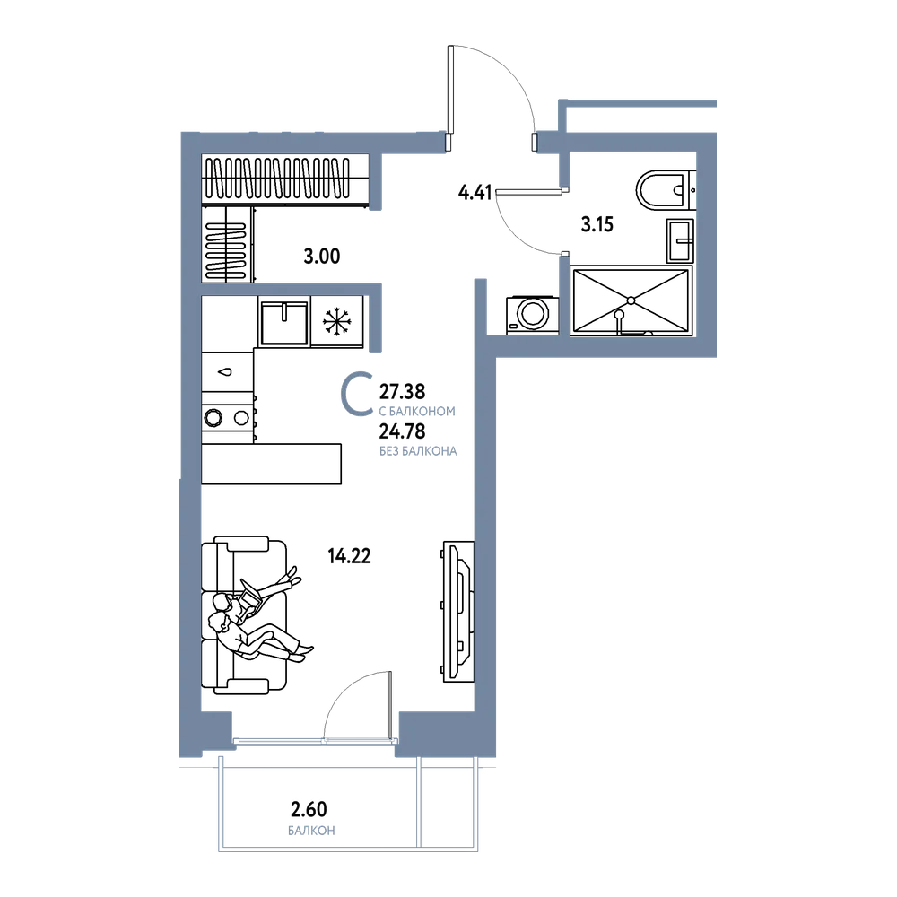 Планировка: Студия 27,38 м²