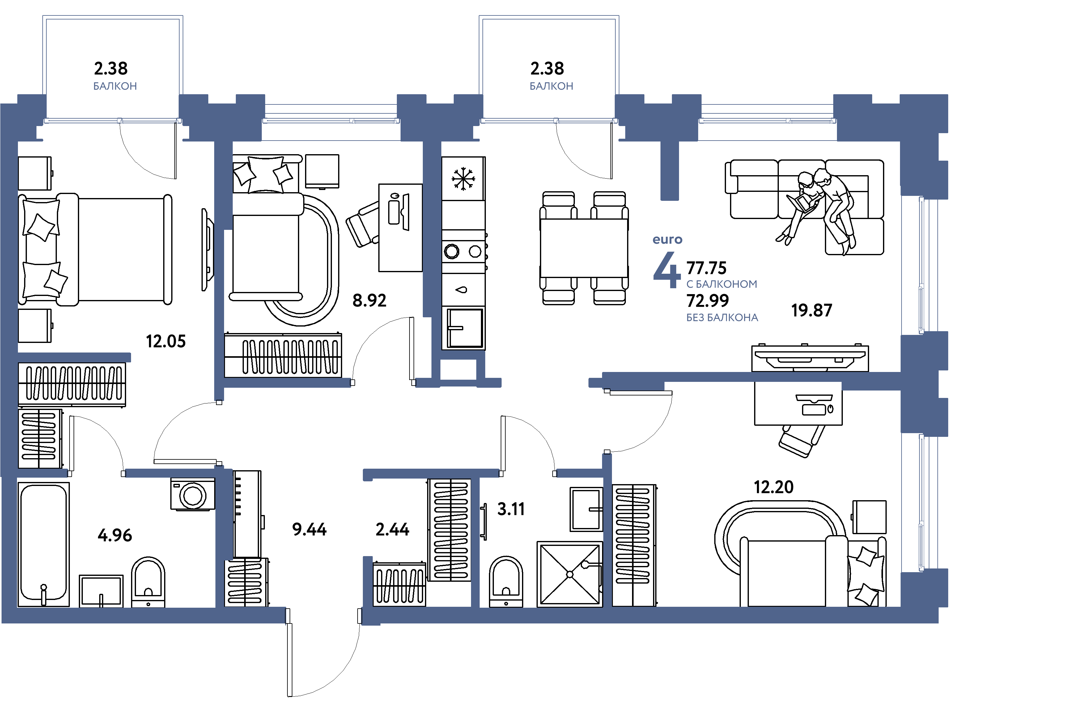 Планировка: Евро-4 77,75 м² в ЖК «Европейский берег 2.0»