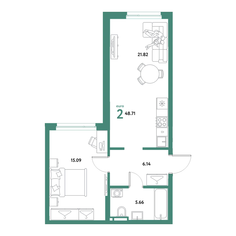 Планировка: Евродвушка 48,71 м²