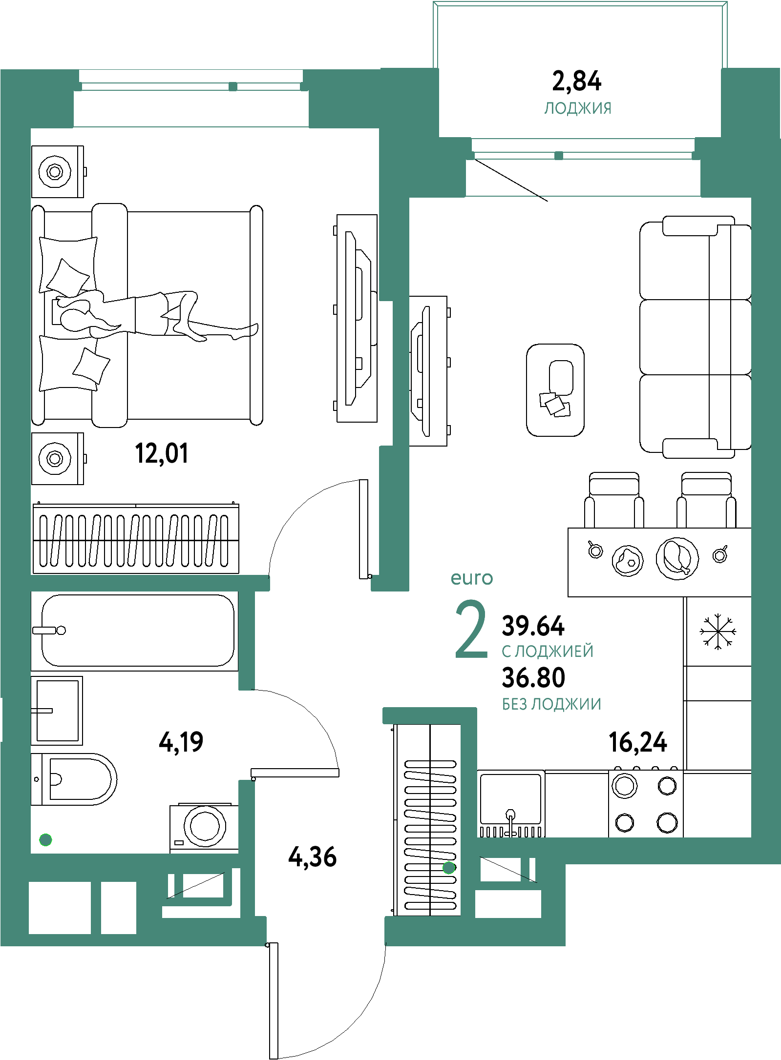 Планировка: Евродвушка 39,64 м² в ЖК «Авторский»