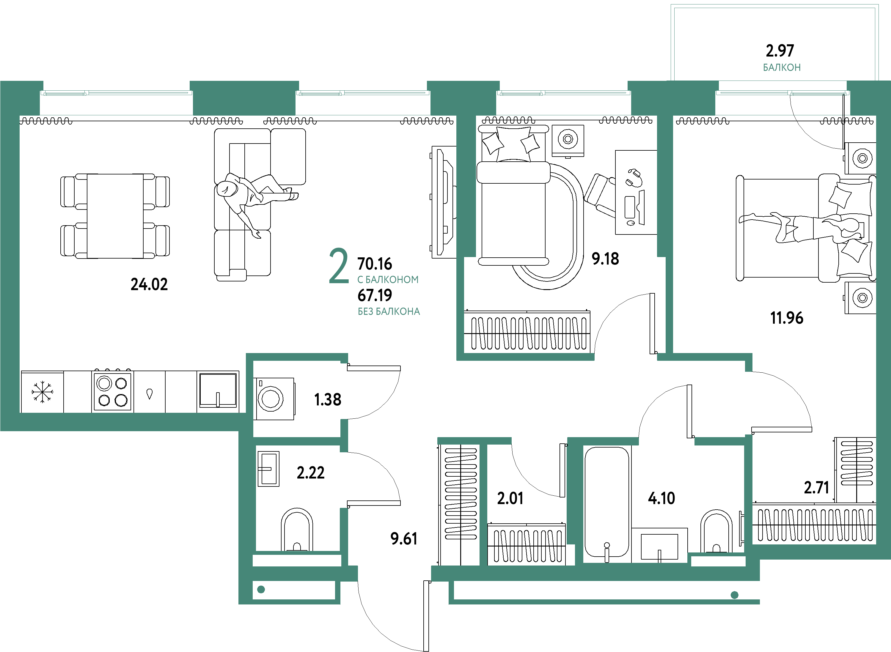 Планировка: Евротрёшка 70,16 м² в ЖК «Домашний»