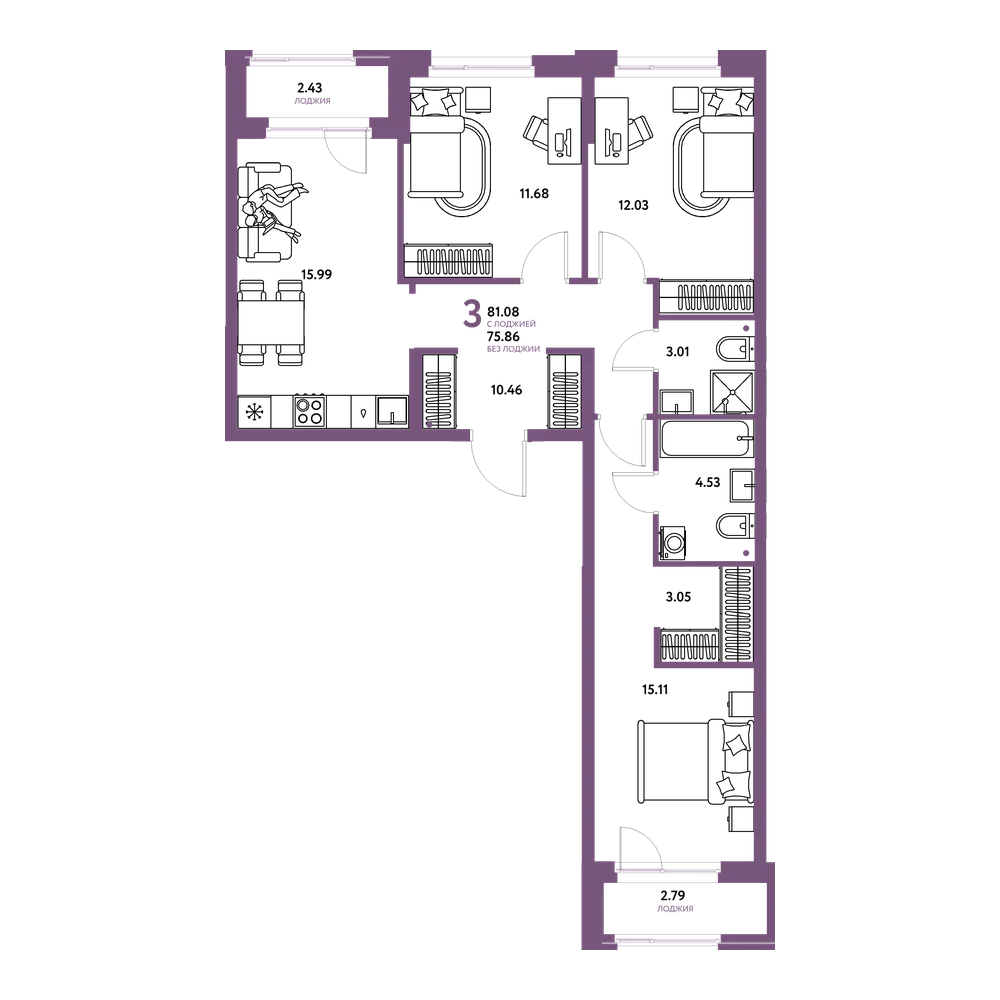 Планировка: 3-комнатная 81,08 м²
