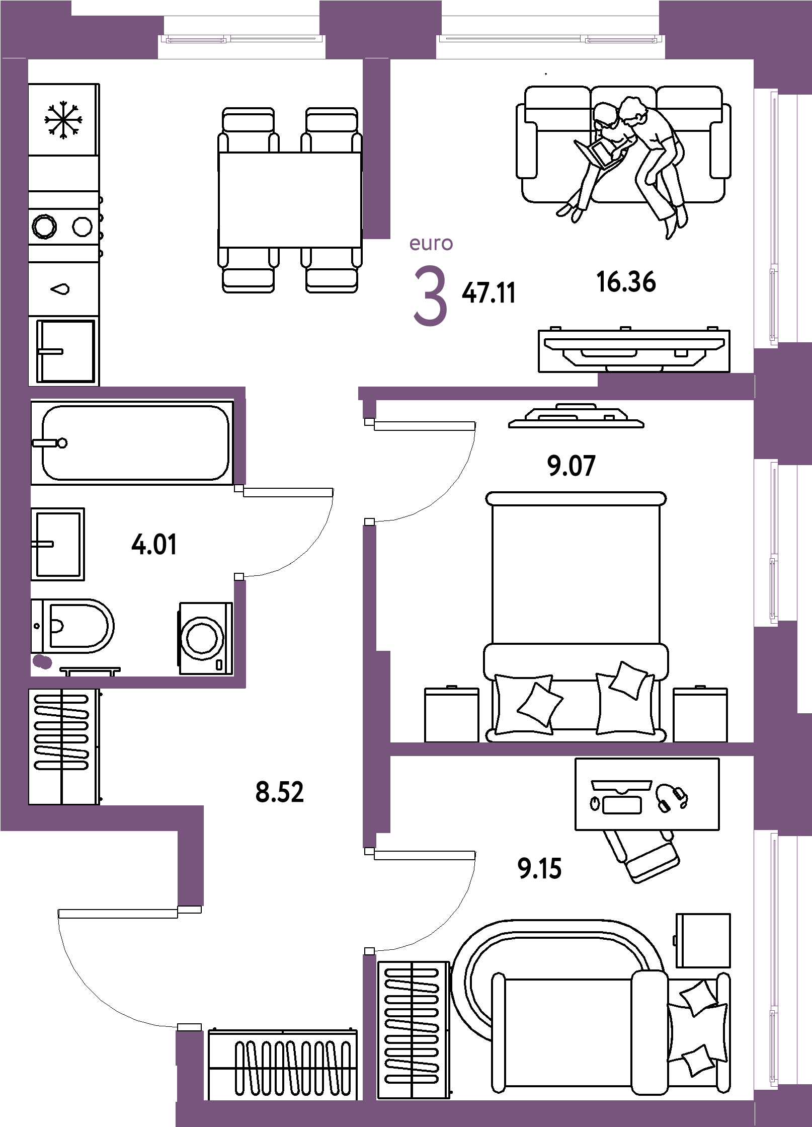 Планировка: Евротрёшка 47,11 м² в ЖК «Домашний»