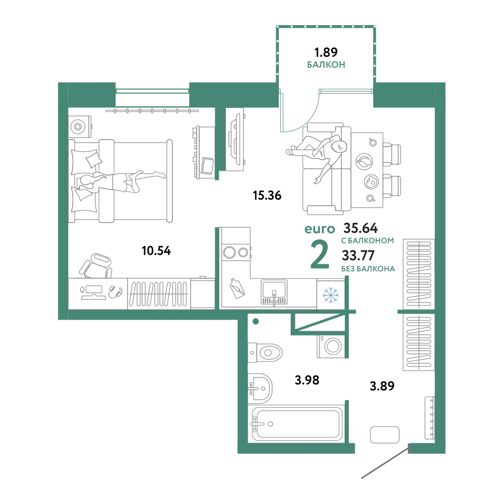 Планировка: Евродвушка 35,64 м²