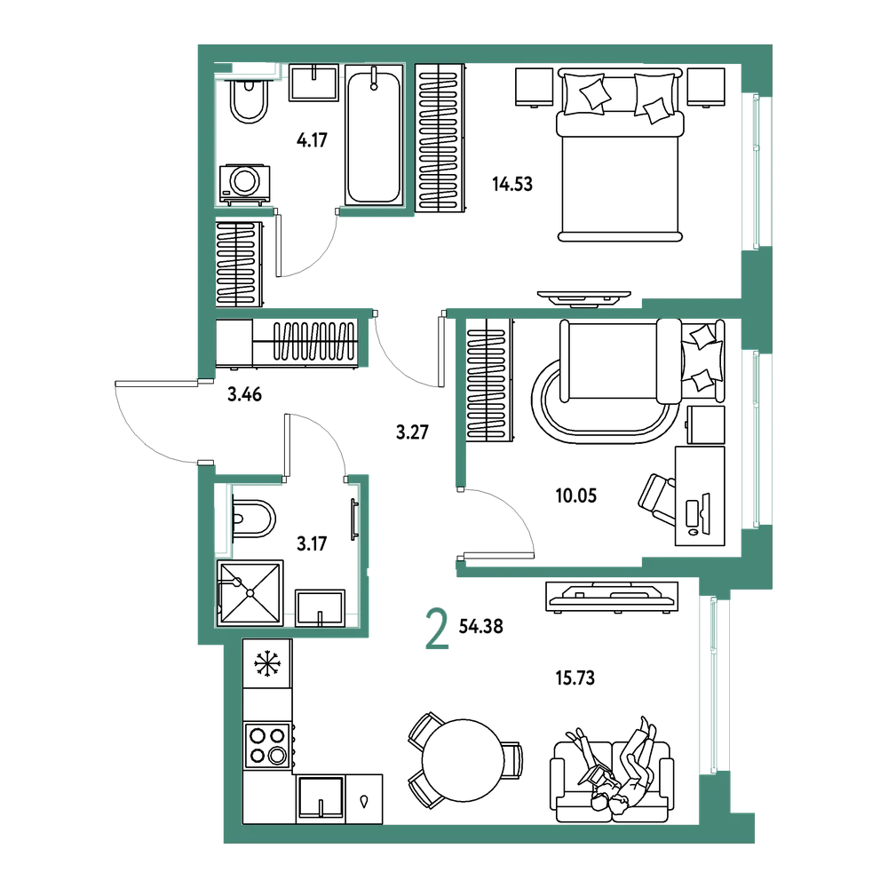 Планировка: 2-комнатная 54,38 м²