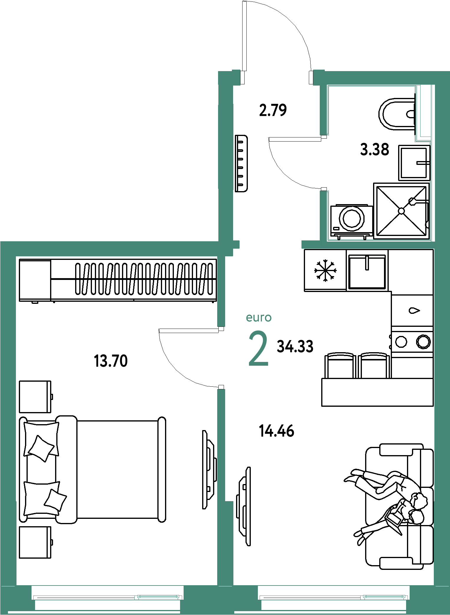 Планировка: Евродвушка 34,33 м² в ЖК «Домашний»