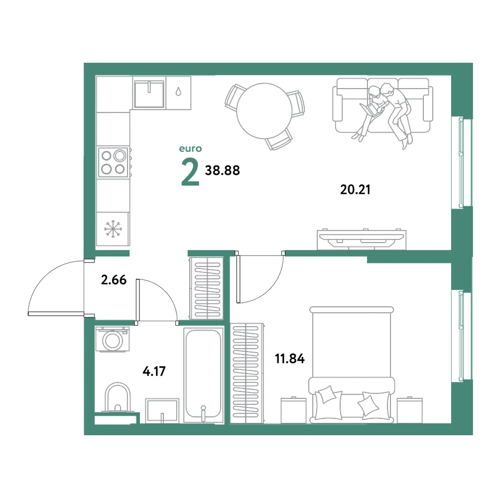 Планировка: Евродвушка 38,88 м²