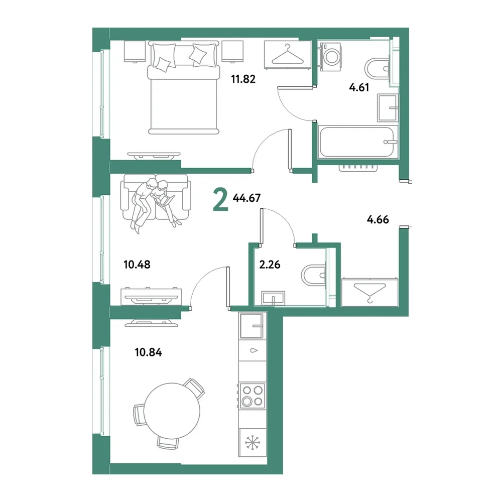 Планировка: 2-комнатная 44,67 м²