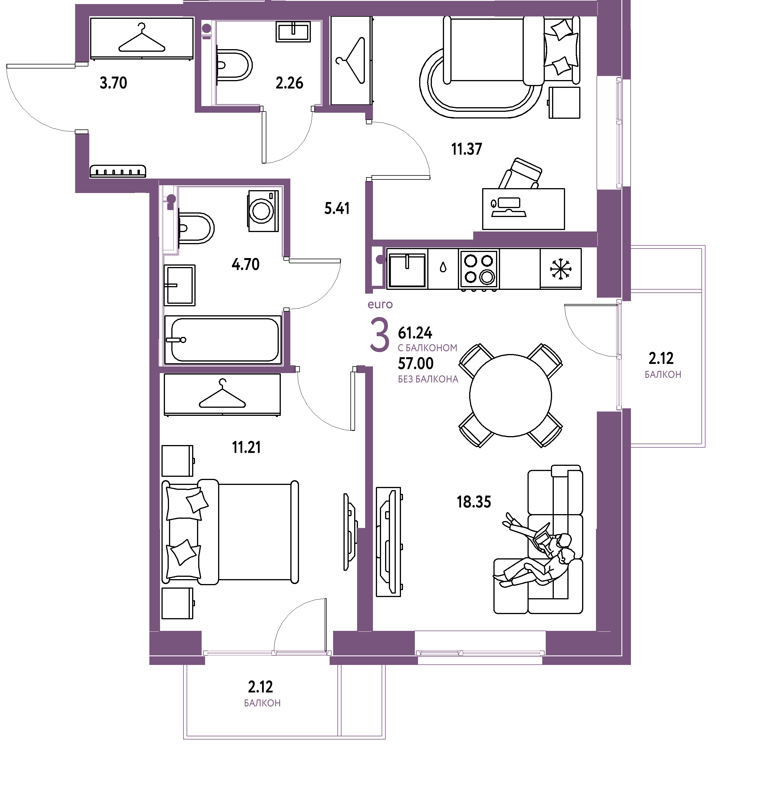 Планировка: Евротрёшка 61,24 м² в ЖК «Европейский берег 2.0»