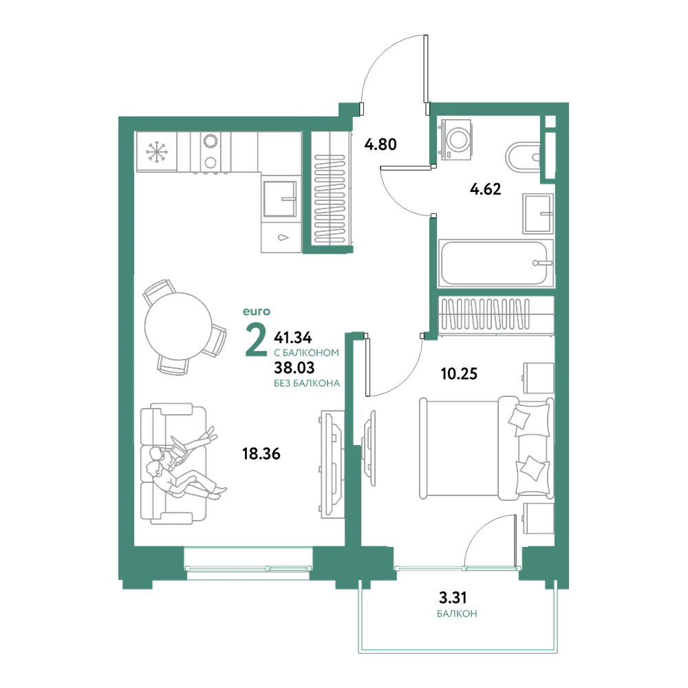 Планировка: Евродвушка 41,34 м²